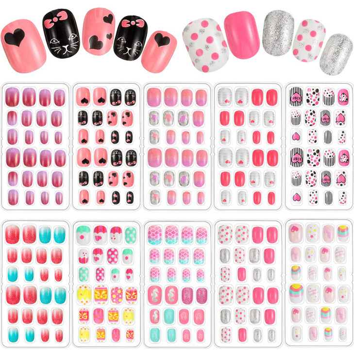 Maitys 240 Pcs Children False Nails 10 Packs Kids Girls Press on Short Artificial Fake Nails Gradient Color Rainbow Pre
