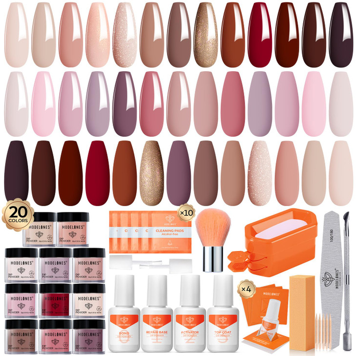 Modelones Dip Powder Nail Kit Starter 20 Colors Pink Red Brown Dipping Powder Liquid Set BaseTop Activator for French Na