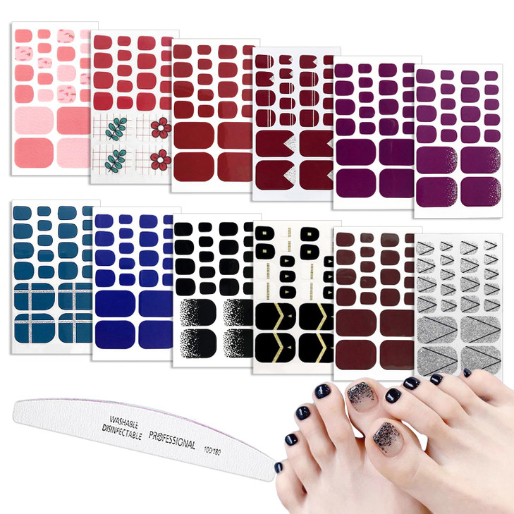 WOKOTO 12 Sheets SelfAdhesive Nail Polish Wraps for Toes and 1Pc Nail File Shinny Solid Silver Stick On Nails Stickers T