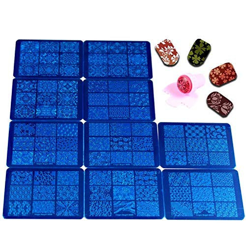 Finger Angel 10Pcs Nail Art Stamping Plates 1 Nail Stamper 1 Nail Scraper Nail Art Image Stamp Stamping Plates Manicure
