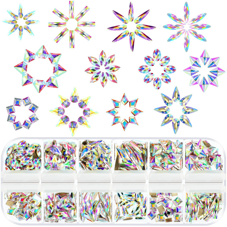 WILLBOND 12 Styles 360 Pcs Rhinestones Nail Art GemsMulti Shapes 3D Glass AB Crystal Flat Back Mix Sizes Crystal Charms