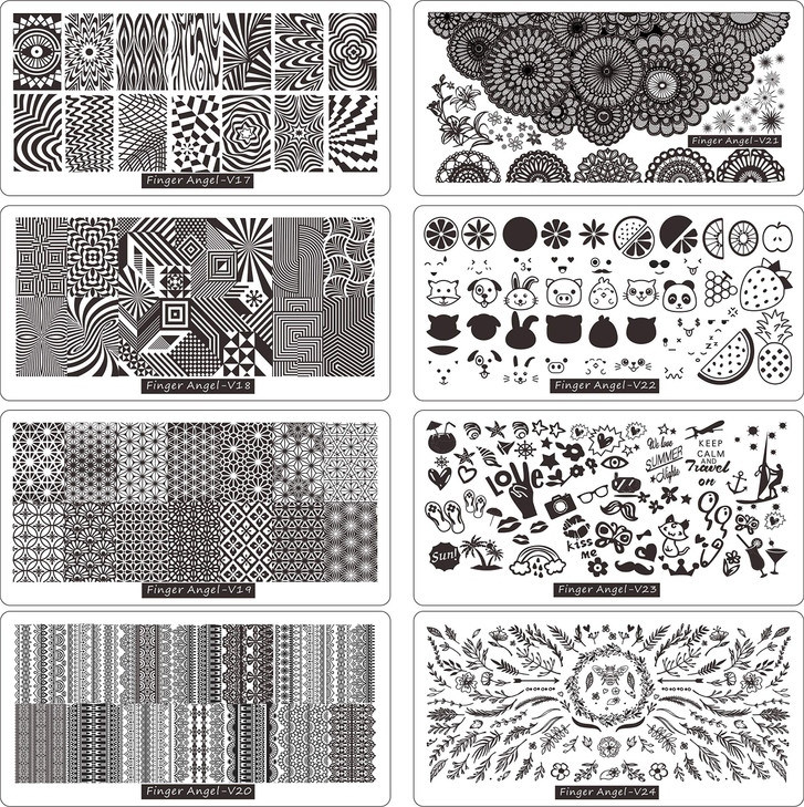 FingerAngel 8pcs Nail Stamp Plates Nail Stamper with Scraper 1 Pcs storage bag Nails Art Stamping Plate Scraper Stamper