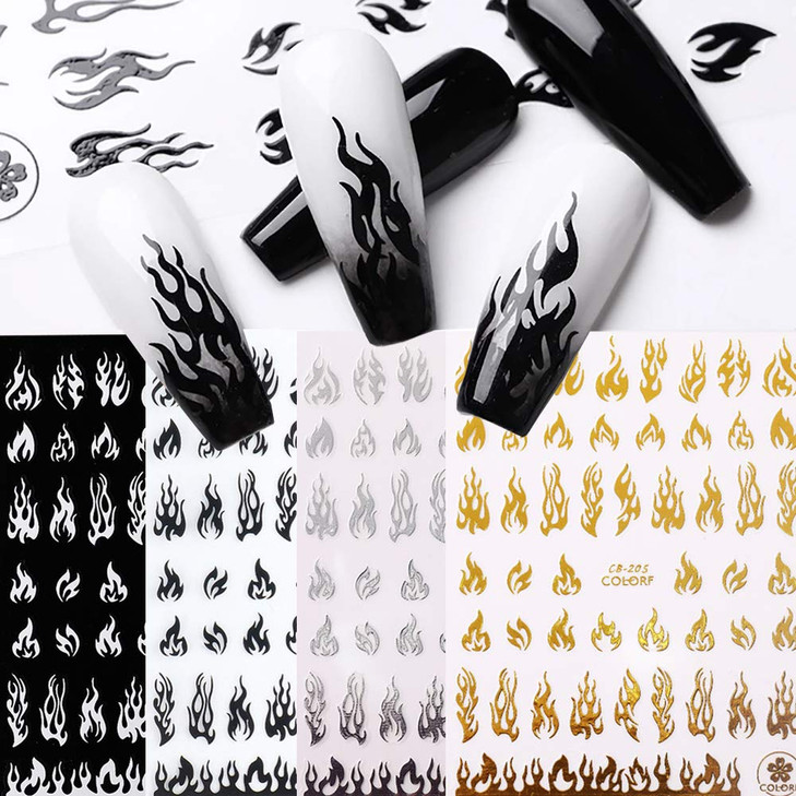 Flame Nail Stickers 4 Sheets 3D Holographic Fire Nail Art Decals White Black Silver Gold Reflections Nail Vinyls Stencil