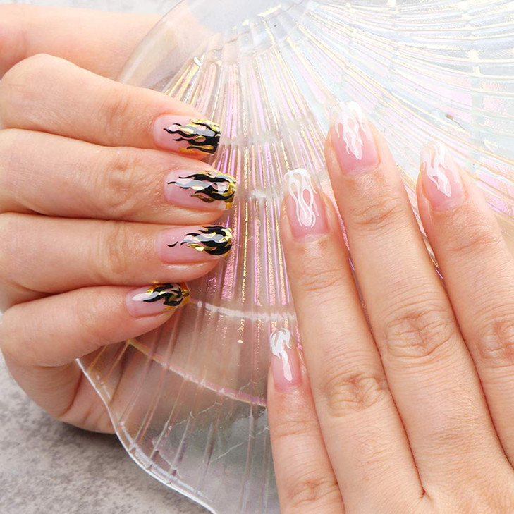 Flame Nail Stickers 4 Sheets 3D Holographic Fire Nail Art Decals White Black Silver Gold Reflections Nail Vinyls Stencil