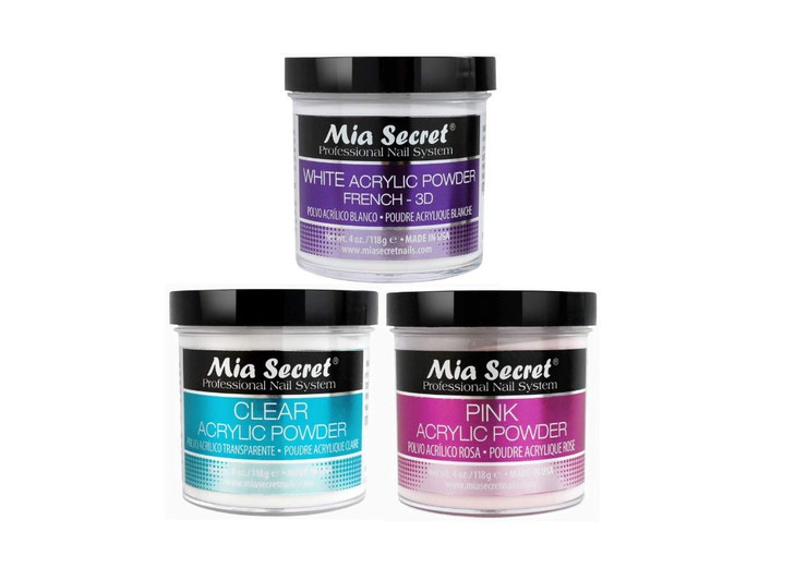 MIA SECRET 4 oz Acrylic Powder 3pc Set Pink Clear White Made in USA
