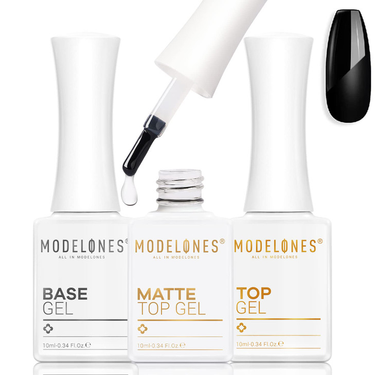 modelones Matte Gel Top Coat No Wipe Top and Base Coat 3 Pcs Velvet Matte Glossy Shine Clear Effect Soak Off Nail Lamp L