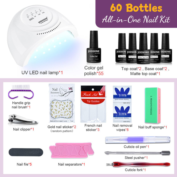 JODSONE Gel Nail Polish Kit 60 PCS with U V Light Soak off Base Top Coat 55 Shine Colors Gel Nail Kit Bright and Dark Br