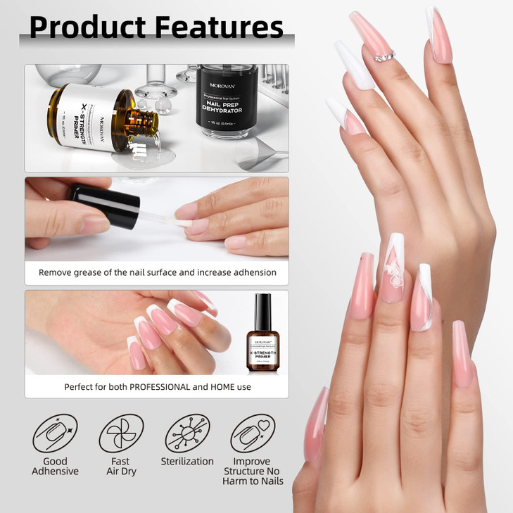 Morovan Nail Primer and Dehydrator for Acrylic Nails Professional 2 Pcs No Burn Fast Air Dry Nail Prep Dehydrator and XS