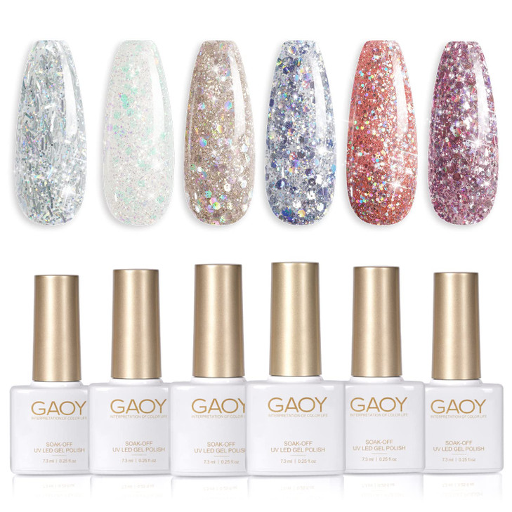 GAOY Glitter Inspire Gel Polish Kit Set 6 Colors Including Pink Nude UV LED Soak Off Nail Polish Home DIY Manicure Nail