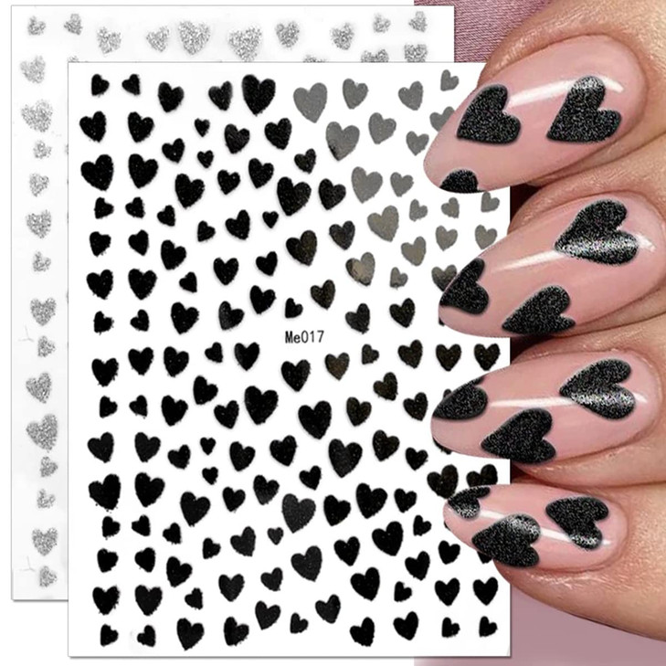 10 Sheets Heart Nail Stickers Glitter Shiny Love Nail Decals 3D Self Adhesive Nail Art Stickers Glitter Powder Effect Va
