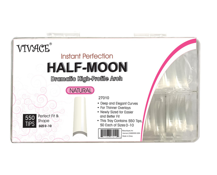 VIVACE Natural Half Moon 550 Acrylic False Fake Gel Nail Tips 11Sizes With Clear Plastic Case for Nail Salon Nail Shop N