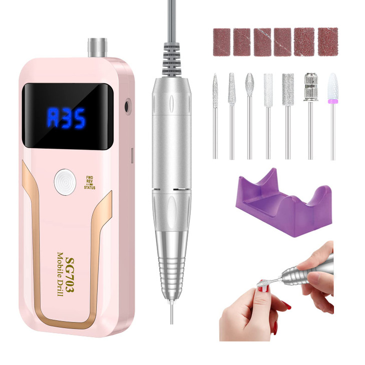 MOCOWIND Portable Nail Drill Professional 35000 RPM Rechargeable Electric Nail File Machine Cordless EFile for Acrylic G