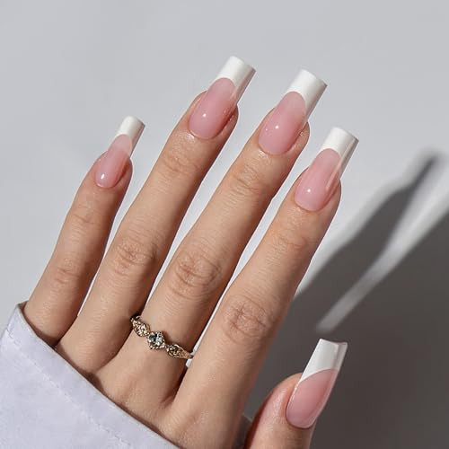 BTArtboxnails French Tip Press on Nails XCOATTIPS White French Tip Nails Pink Long Square Nail Tips Soak Off Acrylic Fak