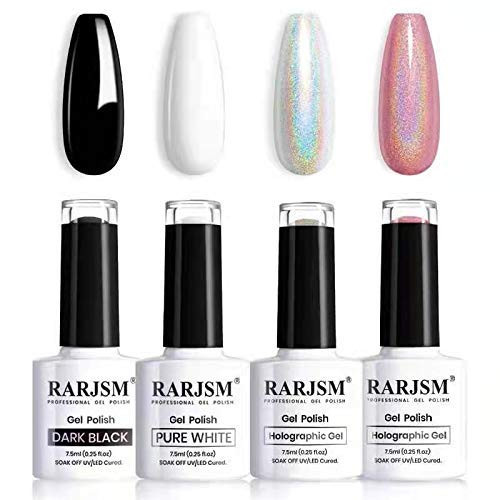 RARJSM Holographic Nail Polish Set Black White Silver Rose Gold Gel Nail Polish Holo Glitter GelPolish 4PCS 75ML Gel Nai