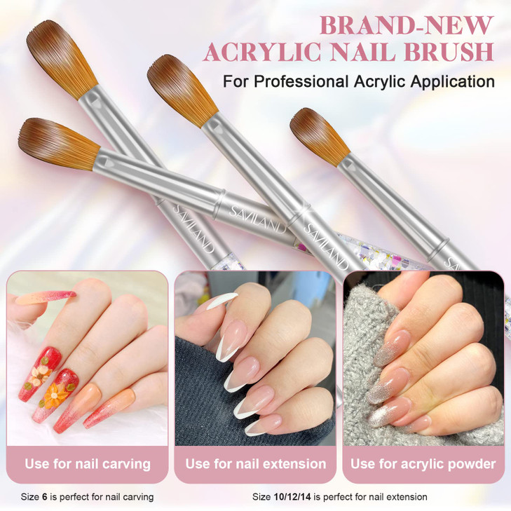 SAVILAND Kolinsky Acrylic Nail Brush Set Size 6101214 Professional Nail Art Brushes with Silver Handle for Acrylic Powde