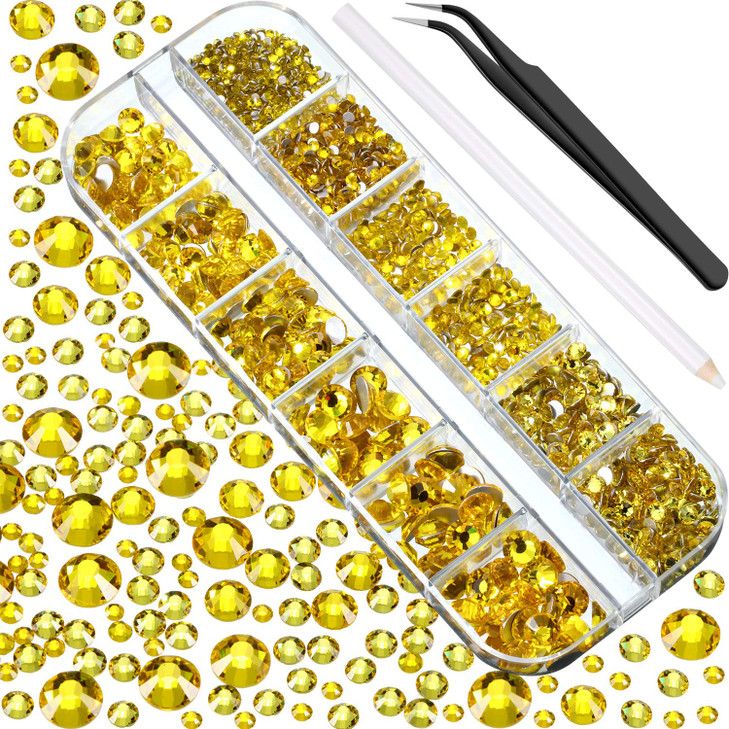 2000 Pcs Lemon Yellow Crystal Rhinestones Bulk for Crafting 6 Sizes Flatback Round Bedazzling Nail Gems with Tweezer Pic