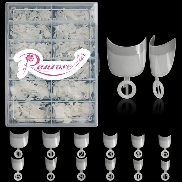 Ranrose 600pcs Short Nail Tips Oval Half Cover False Tips 12 Sizes French Acrylic Nails for DIY Nail Salon