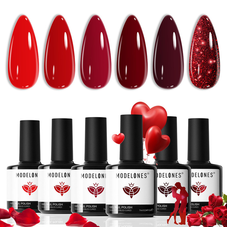 modelones Gel Nail Polish Kit 6 Colors Red Gel Polish Set Valentines Day Burgundy Glitter Sparkle Bloody Soak Off Gel Na