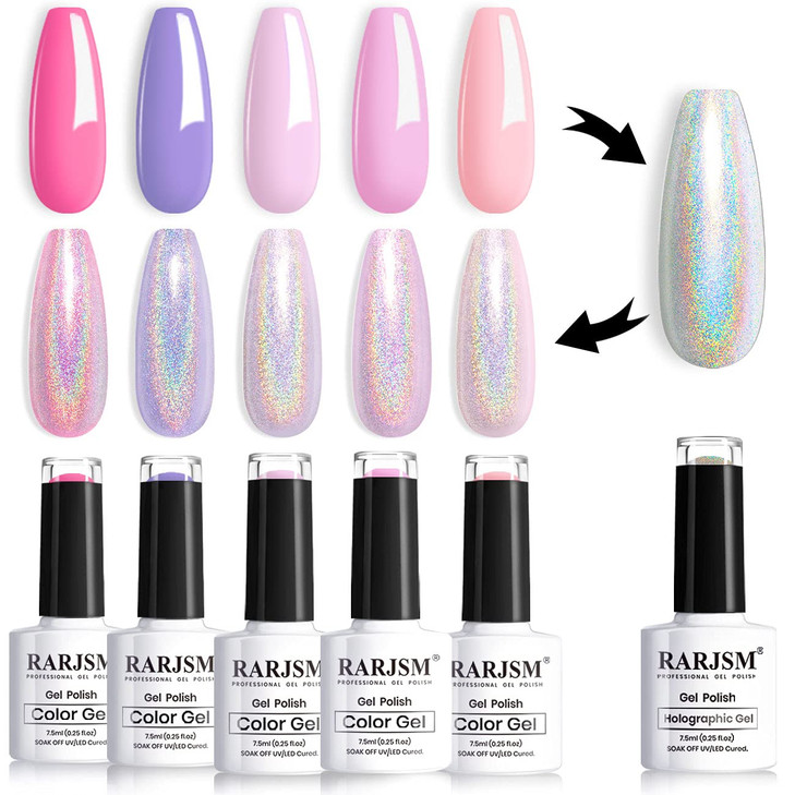 RARJSM Pastel Gel Nail Polish Set 6 Colors Pink Purple Series Chrome Reflective Holographic Glitter GelPolishes Silver C