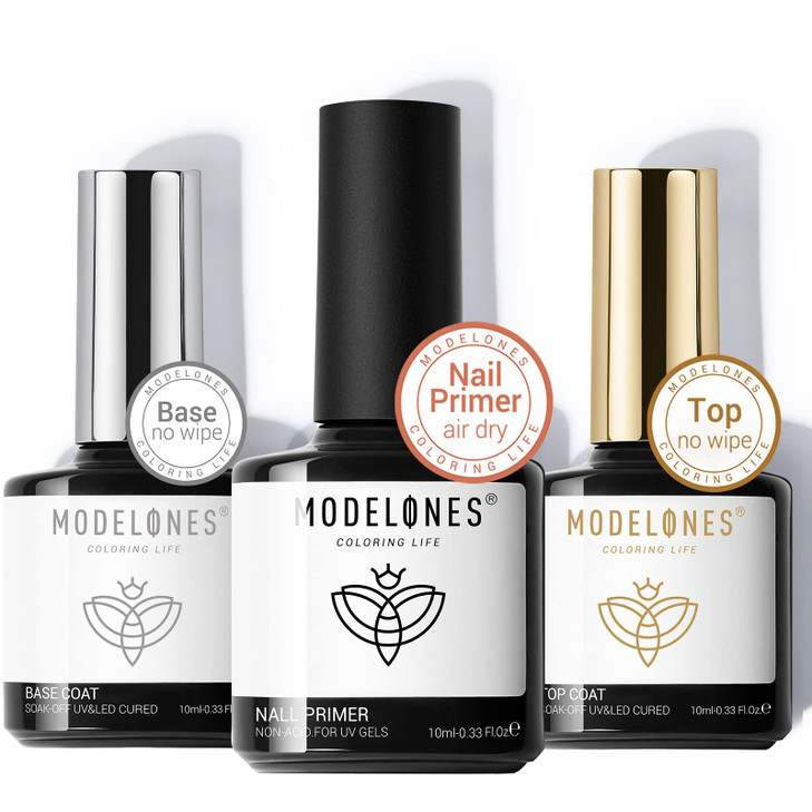 modelones Gel Top Coat and Base Coat With Nail Primer 3 Pcs No Wipe Clear Base and Top Coat Nail Bonder Primer Super Shi