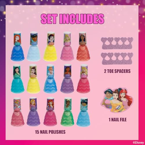 Disney Princess 15 Piece WaterBased Nail Polish with 3 Toe Spacers Quick Dry Peel Off Gift Kit Set for Kids Girls Ages 3