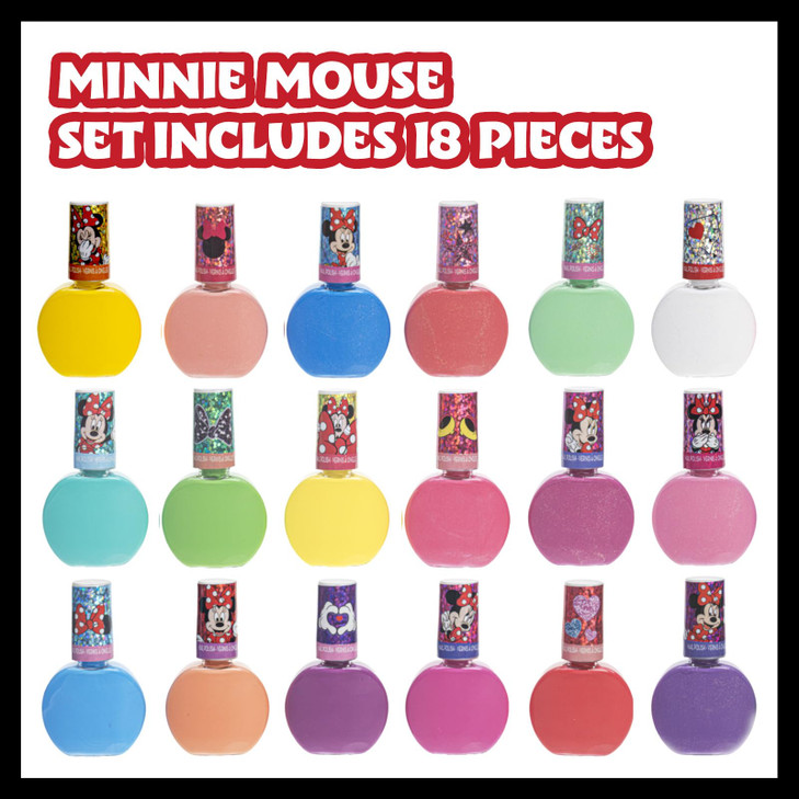 Townley Girl Disney Minnie Mouse 18 Pcs NonToxic PeelOff Nail Polish Set for Girls Glittery and Opaque Colors Perfect fo