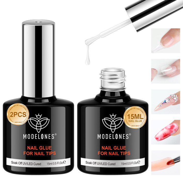 modelones 10 in One Gel Nail Glue Base Coat Brush On Nail Glue 15 ml for Tips Rhinestones Blooming Art Gel Kit for Press