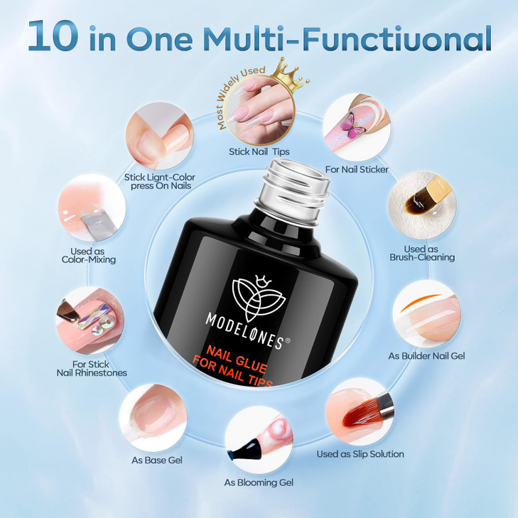 modelones 10 in One Gel Nail Glue Base Coat Brush On Nail Glue 15 ml for Tips Rhinestones Blooming Art Gel Kit for Press