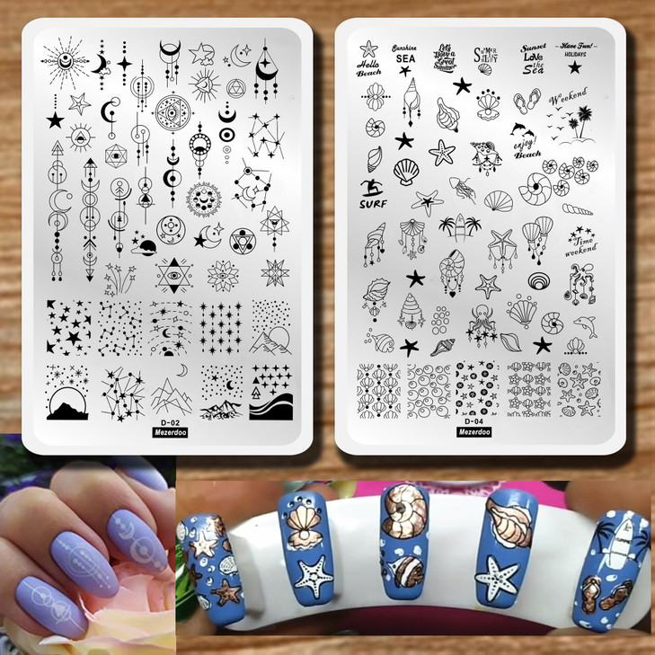 2pcs Sun Moon Star Nail Plates Stamping Set Sea Shell Pattern Stamp Templates Geometry Flowers Nail Art Stamper Plates f
