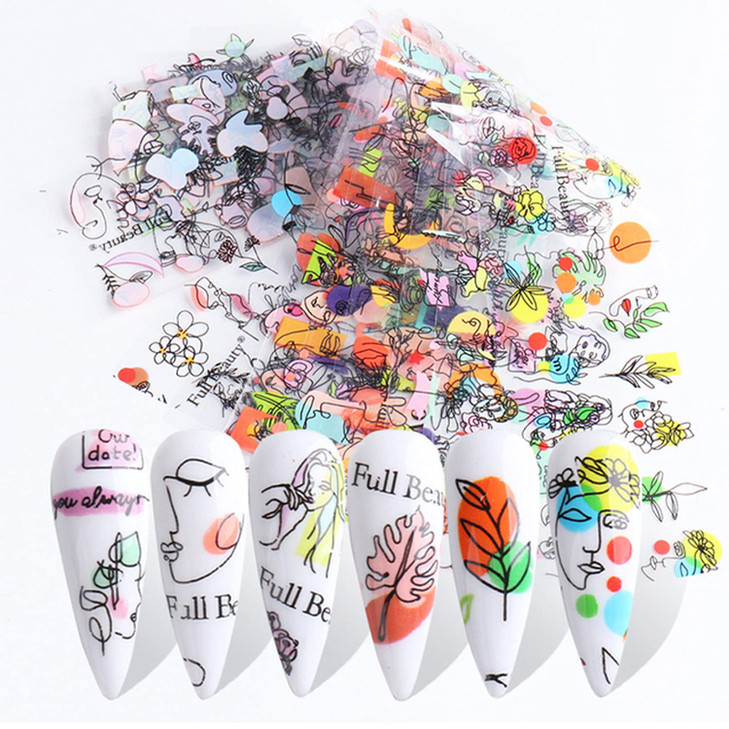 Designer Foil Transfer Stickers Decals Abstract Face Flowers Nail Foils Design Holographic Fashion Nail Charms Sticker C