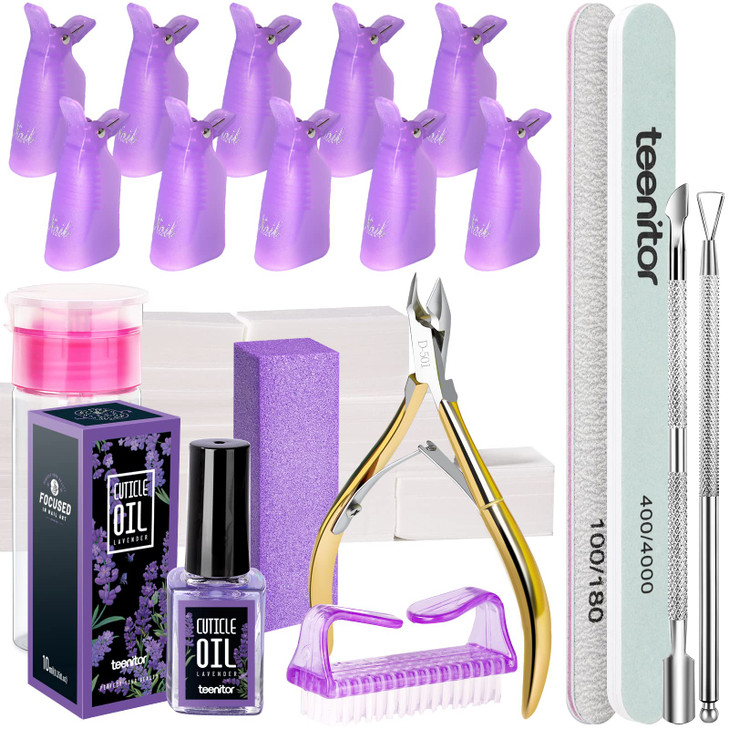 Teenitor Nail Gel Polish Dipping Powder Remover Tools Kit with Nail Clips Nail Remover Pads Cuticle Oil Nail Brushes Nai