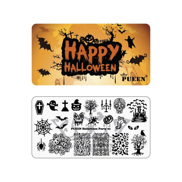 PUEEN Nail Art Stamping Plate Halloween Party 01 Theme Park Collection 125x65mm Unique Nailart Polish Stamping Manicure