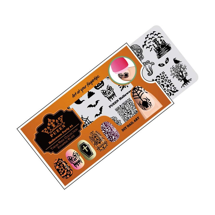 PUEEN Nail Art Stamping Plate Halloween Party 01 Theme Park Collection 125x65mm Unique Nailart Polish Stamping Manicure