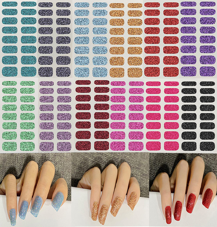 12 Sheets Glitter Nail Wraps Nail Polish Strips Solid Color Nail Polish Stickers Shine Full Wrap Nail Decals Self Adhesi