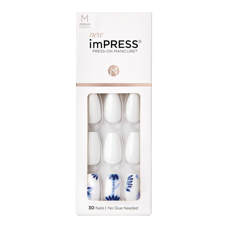 KISS imPRESS No Glue Mani Press On Nails Design Tye Dye White Medium Size Coffin Shape Includes 30 Nails Prep Pad Instru