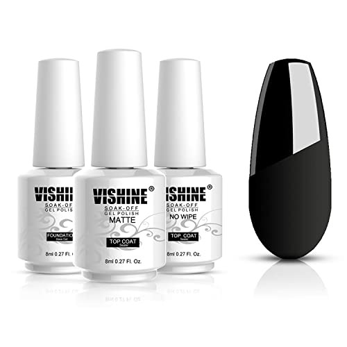 Vishine Base Top Coats Set Matt Top Coat High Gloss No Wipe Top Coat and Base Coat 3Pcs Soak Off UV LED Gel Nail Polish