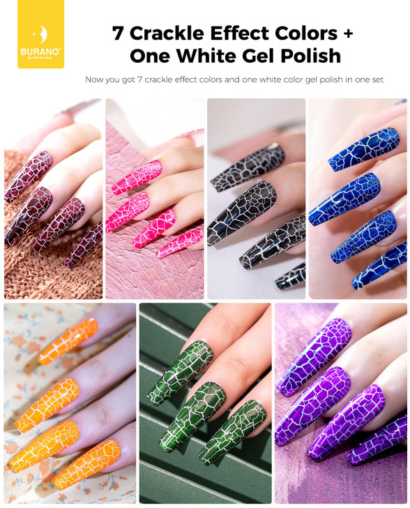BURANO Crackle Gel Nail Polish Set 7 Colors White Super Easy Cracked Nail Polish Air Dry UV Lamp Needed