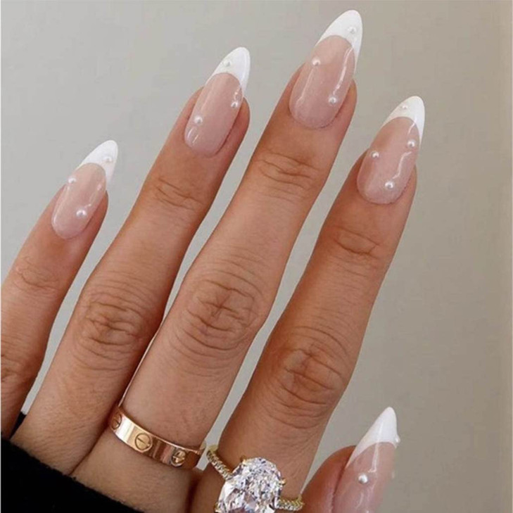 Foccna French Press on Nails Medium Pearl White Fake Nails Almond Acrylic False Nails Artificial Nails for Women and Gir