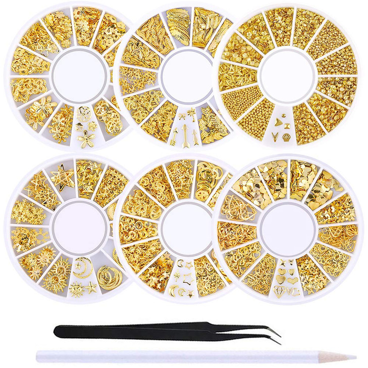 WOKOTO 6 Boxes Gold Nail Charms Studs Rose Star Moon Feather Shape Metal Nail 3D Charm Kit 3D Nail Art Jewelry Decoratio