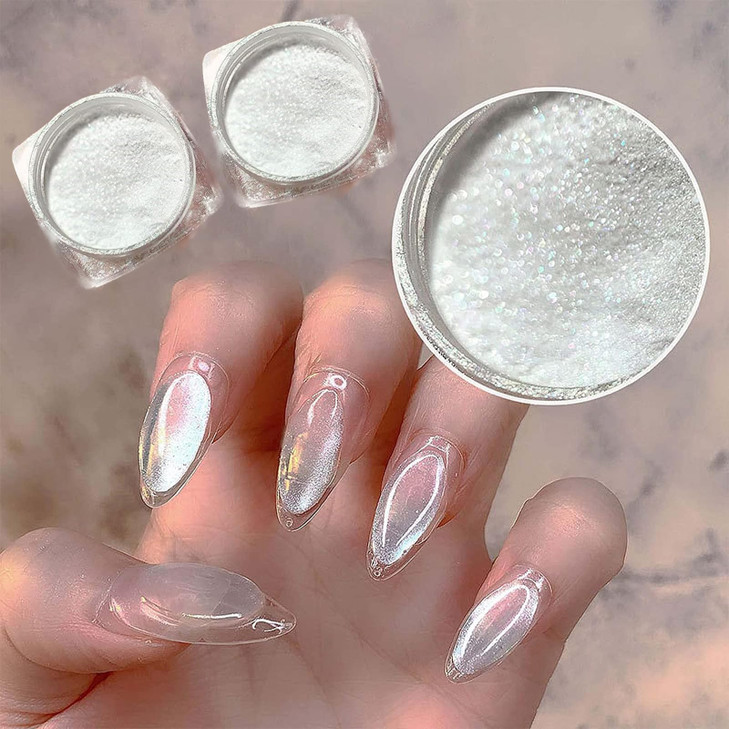 2Pcs Pearl Chrome Nail Powder Ice Transparent Aurora White Chameleon Iridescent Pigment for Nails High Gloss Pearlescent