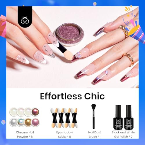 Beetles Metallic Chrome Nail Powder Kit Black White Colors Gel Polish Mirror Effect Holographic Metallic Nail Polish Chr