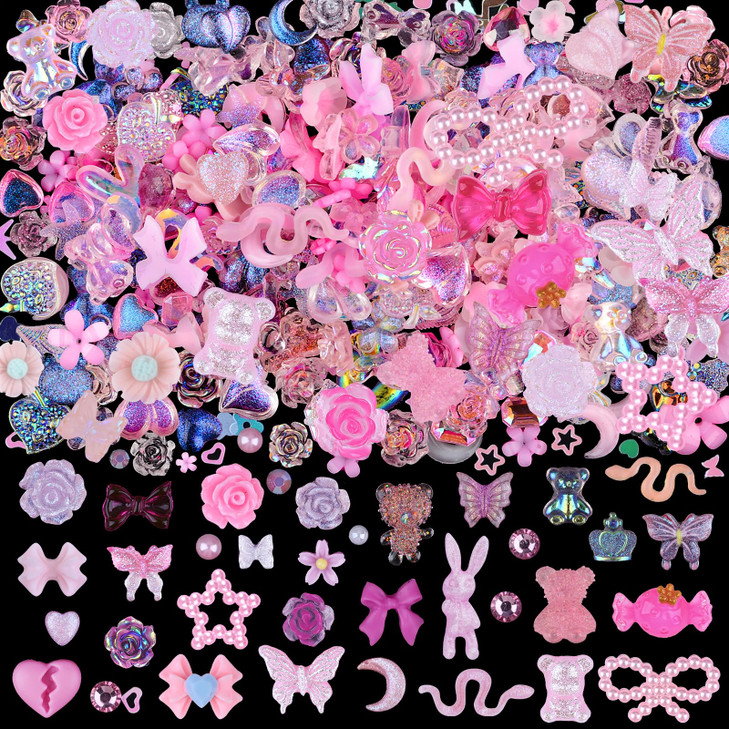 Kikonoke 3D Cute Nail Charms 100 Pieces Rabbit Butterfly Flower Bow Nail Art Charms Mixed Flatback Nail Rhinestones Pear