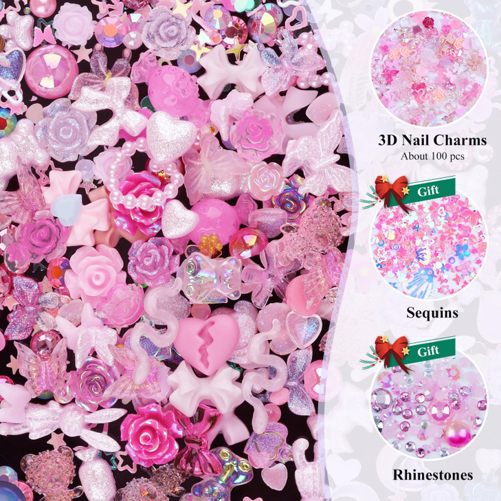 Kikonoke 3D Cute Nail Charms 100 Pieces Rabbit Butterfly Flower Bow Nail Art Charms Mixed Flatback Nail Rhinestones Pear