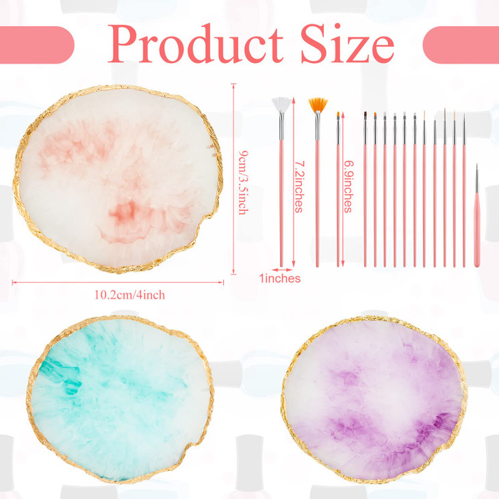Blulu 18 Pcs Nail Art Brushes Tools3 Pcs Resin Nail Art Palette with 15 Brushes Gold Edge Polish Mixing Palette Equipmen