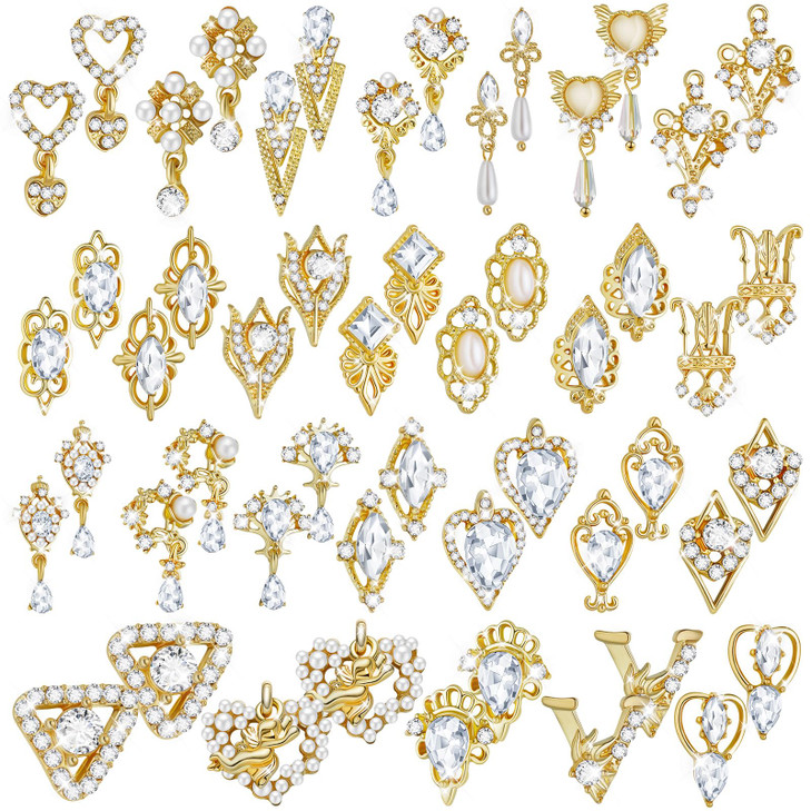 Maitys 52 Pcs Gold Nail Charms Gems Rhinestone Luxury 3D Heart Crystal Pendant Bulk Alloy Nail Tip Dangle Jewels Metal P