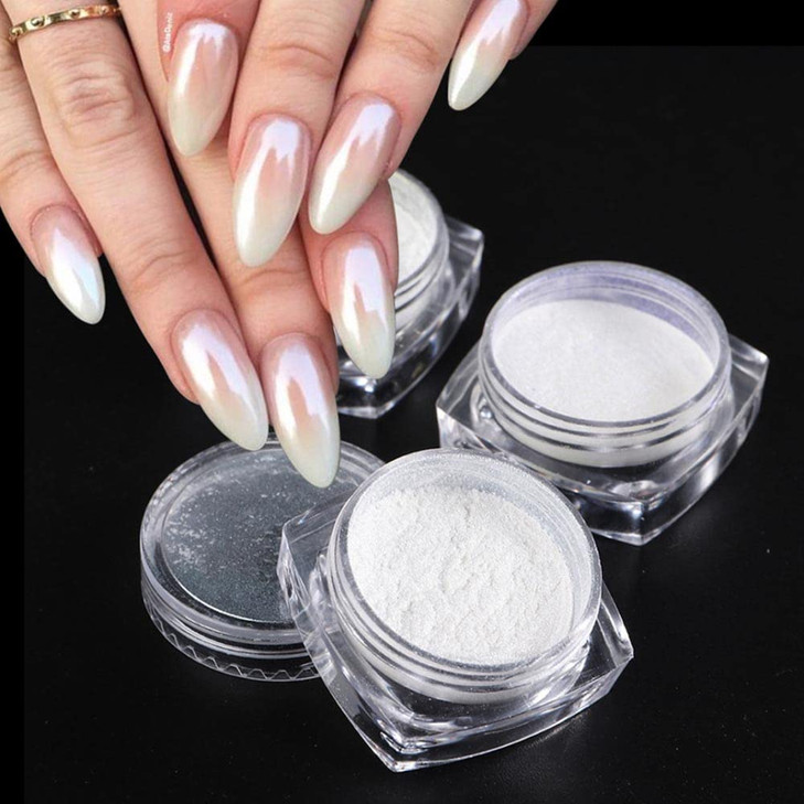2 Boxes White Pearl Chrome Nail Powder Mirror Effect Aurora Magic Pearlescent White Nail Powder Pigment High Gloss Glitt