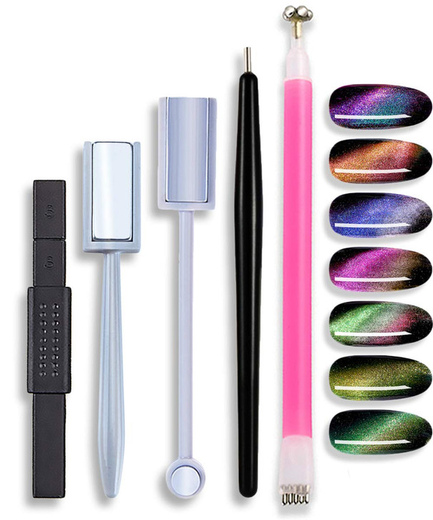 SILPECWEE 5Pcs 3D Cat Eyes Magnet for Nails Cat Eyes Magnetic Gel Nail Polish Magnet Pen Double Head Magnets Stick Manic