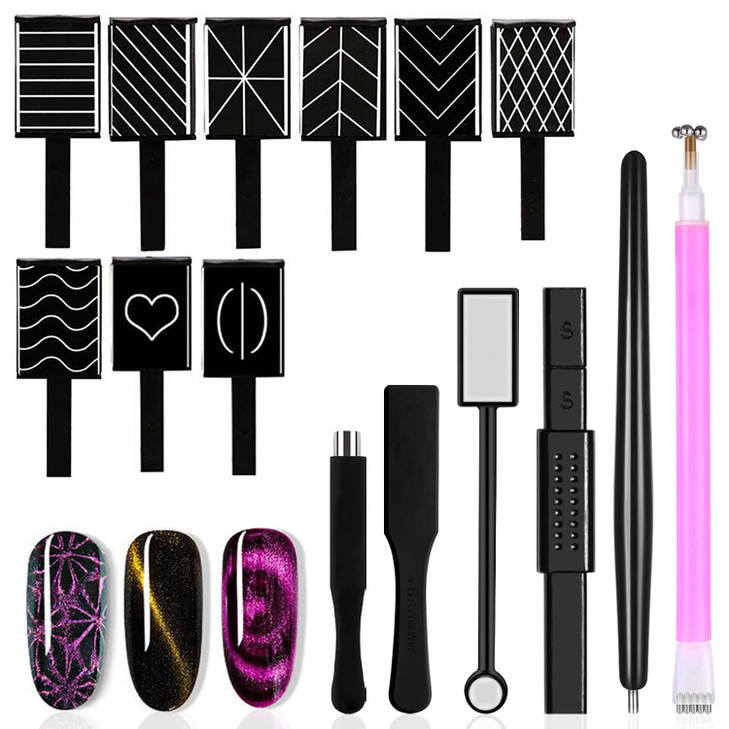 SILPECWEE 15Pcs Nail Magnet Set Cat Eye Gel Nail Polish Magnet Wand Magnetic Nail Polish Cat Eye Magnet for Nails Cat Ey