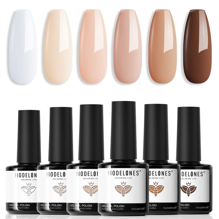 modelones Gel Nail Polish Set 6 Colors White Nude Brown Gel Polish Skin Tone Neutral Beige Tan Taupe Nail Polish Kit Pop