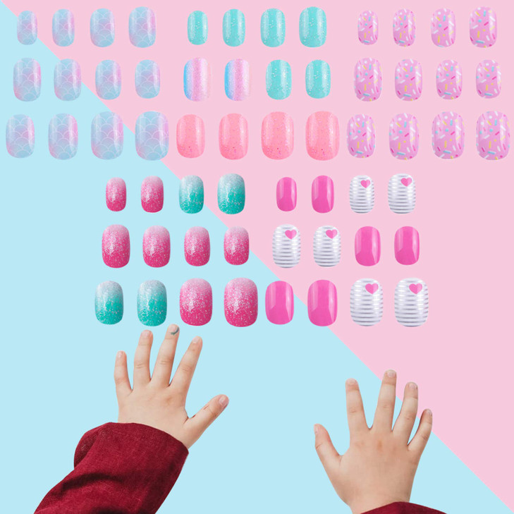 SIUSIO 120 Pcs 5 Pack Children Acrylic Fake Nails Press on Preglue Full Cover Glitter Gradient Color Rainbow Short False